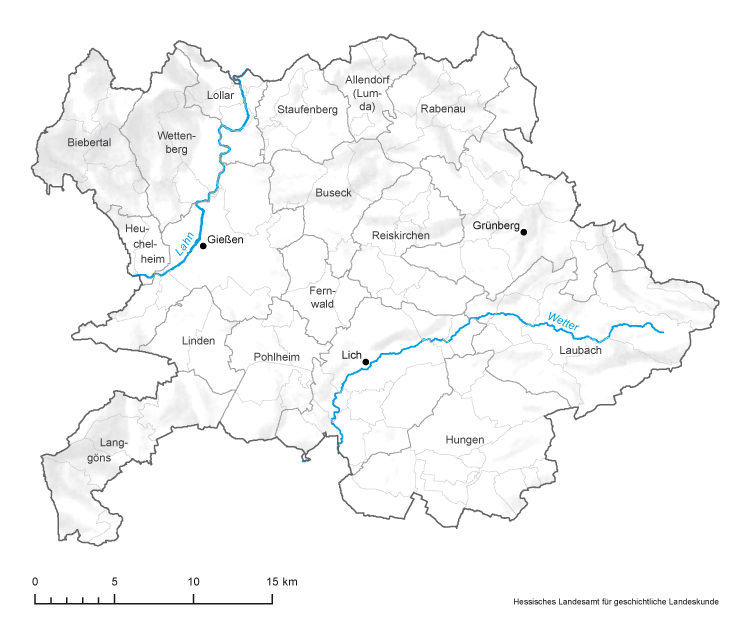 Karte des Landkreises Gießen mit Gemeinde- und Gemarkungsgrenzen